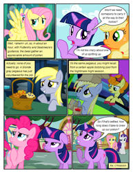 Size: 612x792 | Tagged: safe, artist:newbiespud, edit, edited screencap, screencap, applejack, carrot top, derpy hooves, fluttershy, golden harvest, pinkie pie, rarity, twilight sparkle, unicorn twilight, earth pony, pegasus, pony, unicorn, comic:friendship is dragons, basket, cauldron, comic, devil horns, dialogue, female, food, freckles, frown, grin, hat, looking down, looking up, mare, mouth hold, muffin, open mouth, paper bag, raised hoof, screencap comic, smiling, thinking, unamused, waving, worried