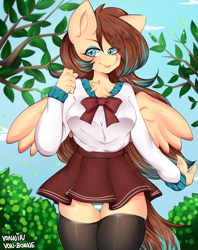 Size: 2280x2880 | Tagged: safe, artist:vonnir, oc, oc only, oc:amora bunny, anthro, pegasus, bowtie, clothes, female, looking at you, panties, school uniform, solo, stockings, thigh highs, underwear