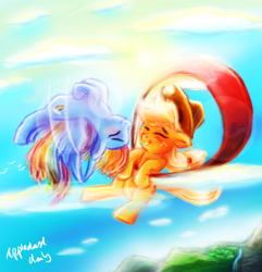 Size: 1366x1417 | Tagged: safe, artist:death-is-death, derpibooru import, applejack, rainbow dash, earth pony, pegasus, pony, appledash, appledash every day, female, flying, lesbian, shipping, upside down