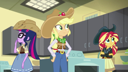 Size: 1920x1080 | Tagged: safe, screencap, applejack, sci-twi, sunset shimmer, twilight sparkle, dance magic, equestria girls, spoiler:eqg specials, cowboy hat, cowgirl, cute, discovery family logo, female, glasses, hat, imagine spot, jackabetes, kitchen, oven, ponytail, shimmerbetes, smiling, trio, trio female, twiabetes
