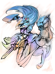 Size: 3200x4237 | Tagged: safe, artist:mod-of-chaos, princess celestia, horse, human, armor, bretonnia, crossover, crown, fantasy class, hair over one eye, humanized, humans riding horses, jewelry, knight, regalia, riding, simple background, solo, sword, warhammer (game), warhammer fantasy, warrior, warrior celestia, weapon, white background, woman