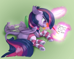 Size: 1280x1024 | Tagged: safe, artist:veesocks, spike, twilight sparkle, twilight sparkle (alicorn), alicorn, dragon, pony, clothes, duo, female, glowing horn, leonine tail, levitation, magic, male, mare, simple background, sleeping, socks, striped socks, telekinesis, thigh highs, writing