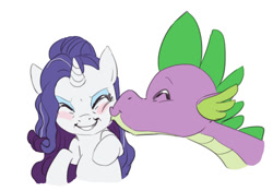 Size: 900x630 | Tagged: safe, artist:carnifex, rarity, spike, dragon, pony, unicorn, blushing, cute, eyes closed, female, grin, kissing, male, older, older spike, shipping, simple background, smiling, sparity, squishy cheeks, straight, white background