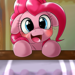 Size: 1000x1000 | Tagged: safe, artist:ushiro no kukan, pinkie pie, earth pony, pony, bust, cute, diapinkes, female, floppy ears, happy, looking at you, mare, open mouth, portrait, smiling, solo, sugarcube corner, ushiro is trying to murder us