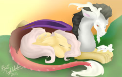 Size: 5500x3500 | Tagged: safe, artist:shirofoz, angel bunny, discord, fluttershy, pegasus, pony, absurd resolution, cuddling, discoshy, eyes closed, female, floppy ears, male, messy mane, prone, shipping, sleeping, smiling, snuggling, straight, wavy mouth, wink