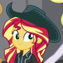 Size: 600x606 | Tagged: safe, screencap, applejack, sunset shimmer, dance magic, equestria girls, spoiler:eqg specials, cowboy hat, cropped, hat, imagine spot