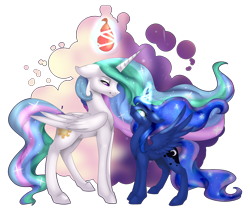 Size: 3300x2800 | Tagged: safe, artist:doodle-28, artist:minelvi, princess celestia, princess luna, alicorn, pony, collaboration, floppy ears, grin, incoming prank, magic, prank, royal sisters, smiling, spread wings, telekinesis, water balloon