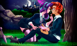 Size: 3460x2050 | Tagged: safe, artist:mauroz, starlight glimmer, sunburst, human, anime, anime style, blushing, book, castle, clothes, digital art, female, glasses, humanized, looking at each other, male, shipping, starburst, straight, tree