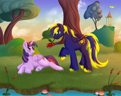 Size: 1036x820 | Tagged: safe, artist:jewlecho, derpibooru import, twilight sparkle, twilight sparkle (alicorn), oc, oc:zephyr, alicorn, pony, blushing, canon x oc, female, mare, rose, twiphyr