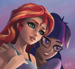 Size: 587x537 | Tagged: safe, artist:imdrunkontea, sci-twi, sunset shimmer, twilight sparkle, human, equestria girls, clothes, female, glasses, humanized, lesbian, scitwishimmer, shipping, sunsetsparkle, wip