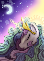 Size: 1713x2384 | Tagged: safe, artist:ellen124, princess celestia, alicorn, pony, eyes closed, magic, moon, night, solo, sun, twilight (astronomy)