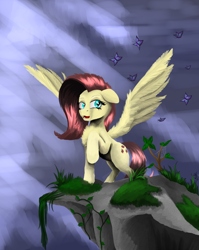 Size: 4820x6060 | Tagged: safe, artist:vinicius040598, fluttershy, butterfly, pegasus, pony, absurd resolution, cliff, solo