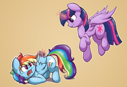 Size: 2796x1934 | Tagged: safe, artist:bloodatius, derpibooru import, rainbow dash, twilight sparkle, twilight sparkle (alicorn), alicorn, pegasus, pony, arrested, cute, dashabetes, duo, female, magic, mare, telekinesis, twiabetes, wingcuffs