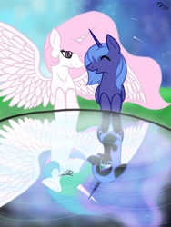 Size: 768x1024 | Tagged: safe, artist:xminixtissuesx57, nightmare moon, princess celestia, princess luna, alicorn, pony, hug, prone, reflection, s1 luna, water, winghug