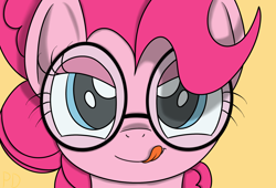 Size: 2200x1500 | Tagged: safe, artist:pavlovzdawg, pinkie pie, earth pony, pony, glasses, licking, licking lips, solo, tongue out