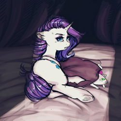 Size: 1500x1500 | Tagged: safe, artist:kira-minami, opalescence, rarity, pony, unicorn, female, floppy ears, looking at you, mare, messy mane, pillow, prone, underhoof