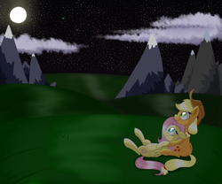 Size: 3000x2500 | Tagged: safe, artist:notenoughapples, applejack, fluttershy, earth pony, pegasus, pony, appleshy, cloud, female, field, holding, lesbian, moonlight, mountain, night, resting, shipping, stars