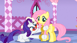 Size: 1366x768 | Tagged: safe, screencap, fluttershy, rarity, pegasus, pony, unicorn, suited for success, measuring tape
