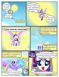 Size: 612x792 | Tagged: safe, artist:newbiespud, edit, edited screencap, screencap, derpy hooves, merry may, rainbow dash, rainbowshine, rarity, twilight sparkle, unicorn twilight, pegasus, pony, unicorn, comic:friendship is dragons, angry, artificial wings, augmented, background pony, cheering, comic, dialogue, eyelashes, eyes closed, female, flying, lipstick, magic, magic wings, mare, screencap comic, spread wings, sun, sweat, wings