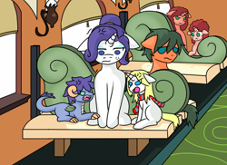 Size: 1280x930 | Tagged: safe, artist:jolliapplegirl, rarity, oc, oc:crescent moonstone, oc:lapis hondo lazuli, dracony, earth pony, hybrid, pony, unicorn, adopted offspring, annoyed, argument, clothes, family, floppy ears, interspecies offspring, motherhood, offspring, parent:rarity, road trip, scarf, sibling rivalry, siblings, train