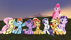 Size: 1280x720 | Tagged: safe, artist:starcrossedpony, applejack, fluttershy, pinkie pie, rainbow dash, rarity, starlight glimmer, sunset shimmer, twilight sparkle, twilight sparkle (alicorn), alicorn, earth pony, pegasus, pony, unicorn, 3d, alternate mane seven, apple, food, jumping, mane six, revamped ponies, sitting, source filmmaker