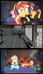 Size: 576x972 | Tagged: safe, edit, edited screencap, screencap, fluttershy, sunset shimmer, better together, equestria girls, game stream, controller, converse, goldeneye 64, gun, headset, oddjob, shoes, sneakers, sunset gamer, sunset shimmer frustrated at game, weapon