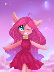 Size: 1280x1684 | Tagged: safe, artist:yanshiki, pinkie pie, anthro, alternate hairstyle, arm hooves, clothes, dress, solo, wink