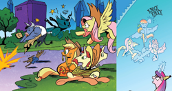 Size: 1152x609 | Tagged: safe, derpibooru import, idw, applejack, fluttershy, lightning dust, rainbow dash, earth pony, pegasus, pony, spoiler:comic