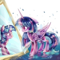 Size: 2000x2000 | Tagged: safe, artist:aquagalaxy, derpibooru import, twilight sparkle, twilight sparkle (alicorn), alicorn, pony, female, mare, mirror, reflection