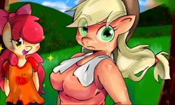 Size: 512x308 | Tagged: safe, artist:miki 14, apple bloom, applejack, anthro, applerack, breasts, clothes, eye clipping through hair, grass, sweat, tanktop, towel