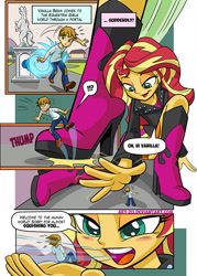Size: 610x851 | Tagged: safe, artist:art-2u, sunset shimmer, oc, oc:vanilla beam, equestria girls, blushing, boots, breath, clothes, comic, commission, equestria girls-ified, female, giantess, jacket, leather jacket, loud, macro/micro, shoes, skirt, small, vanilla beam