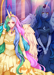 Size: 2400x3303 | Tagged: safe, artist:kamikotody, princess celestia, princess luna, human, clothes, crepuscular rays, dress, duo, horned humanization, humanized, pony coloring, smiling, winged humanization, wings