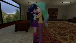 Size: 1360x768 | Tagged: safe, artist:mk513, princess celestia, principal celestia, twilight sparkle, twilight sparkle (alicorn), alicorn, equestria girls, 3d, female, gmod, kissing, lesbian, office, shipping, twilestia