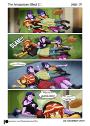 Size: 1697x2367 | Tagged: safe, artist:atariboy2600, artist:bluecarnationstudios, sci-twi, sunset shimmer, twilight sparkle, comic:the amazonian effect, comic:the amazonian effect iii, equestria girls, comic, friendship, knock out, slam