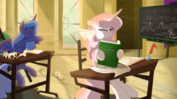 Size: 1920x1080 | Tagged: safe, artist:lunarcakez, princess celestia, princess luna, alicorn, pony, :p, book, cartographer's cap, cewestia, classroom, crepuscular rays, cute, desk, eyes closed, fancy mathematics, female, filly, hat, math, paper airplane, pink-mane celestia, reading, tongue out, woona, younger