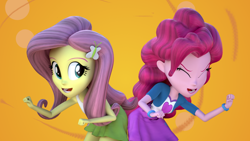 Size: 1920x1080 | Tagged: safe, artist:3d thread, artist:creatorofpony, fluttershy, pinkie pie, equestria girls, equestria girls (movie), /mlp/, 3d, 3d model, blender, bracelet, butt bump, butt to butt, butt touch, clothes, helping twilight win the crown, scene interpretation, shirt, skirt, tanktop, wallpaper