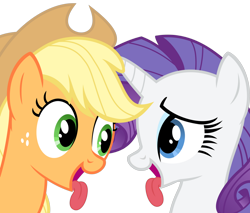 Size: 1000x850 | Tagged: safe, artist:magister39, applejack, rarity, earth pony, pony, unicorn, absurd resolution, behaving like a dog, eye contact, female, implied lesbian, implied licking, looking at each other, silly, silly pony, simple background, smiling, tongue out, transparent background, vector, who's a silly pony