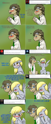 Size: 1562x3758 | Tagged: safe, artist:jitterbugjive, derpy hooves, doctor whooves, pony, blushing, clothes, goggles, lovestruck derpy, shirt, spread wings, theenamoredclockmaker, wingboner, wings