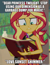 Size: 600x778 | Tagged: safe, edit, edited screencap, screencap, sunset shimmer, better together, equestria girls, forgotten friendship, book, female, gritted teeth, impact font, implied twilight sparkle, spoilers in the comments, text, the simpsons