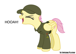 Size: 1600x1143 | Tagged: safe, artist:ethanchang, fluttershy, pegasus, pony, 1st awesome platoon, alternate hairstyle, army, eyes closed, female, flutteryay, hooah, mare, military, military uniform, simple background, solo, us army, white background, yay