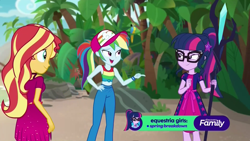 Size: 1920x1080 | Tagged: safe, screencap, rainbow dash, sci-twi, sunset shimmer, twilight sparkle, better together, equestria girls, spring breakdown, cap, clothes, female, geode of telekinesis, glasses, hat, magical geodes, pants, ponytail, sleeveless, smiling, staff, staff of sacanas, tanktop