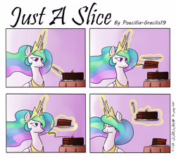 Size: 3800x3400 | Tagged: safe, artist:poecillia-gracilis19, princess celestia, alicorn, pony, cake, cakelestia, comic, food, fork, knife, magic, modesty, solo, telekinesis