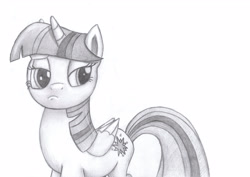 Size: 3380x2394 | Tagged: safe, artist:duskysharklol, derpibooru import, twilight sparkle, twilight sparkle (alicorn), alicorn, pony, grumpy, monochrome, solo, traditional art