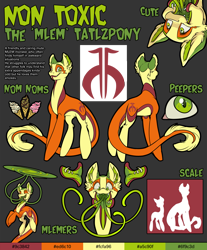 Size: 3619x4370 | Tagged: safe, artist:kez, derpibooru import, oc, oc only, oc:non toxic, monster pony, original species, tatzlpony, male, reference sheet, solo, teeth, tentacle tongue, tentacles