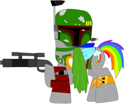 Size: 977x817 | Tagged: safe, artist:ejlightning007arts, derpibooru import, rainbow dash, pegasus, pony, armor, blaster, boba fett, cape, clothes, crossover, cutie mark on clothes, energy weapon, gun, jetpack, simple background, star wars, transparent background, vector, weapon