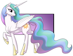 Size: 1024x793 | Tagged: safe, artist:black--glitter, princess celestia, alicorn, pony, female, horn, mare, multicolored mane, raised hoof, solo, white coat