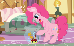 Size: 1024x645 | Tagged: safe, artist:cyanyeh, artist:midnightblitzz, pinkie pie, earth pony, pony, bed, cute, goldfish, pet, solo, vector