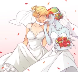 Size: 1300x1200 | Tagged: safe, artist:dcon, derpibooru import, applejack, rainbow dash, equestria girls, appledash, blushing, bouquet, bride, clothes, dress, eyes closed, female, flower, gradient background, holding hands, lesbian, marriage, open mouth, shipping, wedding, wedding dress