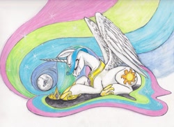 Size: 2338x1701 | Tagged: safe, artist:scribblepwn3, princess celestia, alicorn, pony, crying, mare in the moon, moon, pen drawing, sad, solo, traditional art, watercolor painting