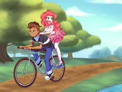 Size: 3600x2700 | Tagged: safe, artist:lucy-tan, pinkie pie, oc, oc:copper plume, better together, equestria girls, bicycle, canon x oc, clothes, cloud, commissioner:imperfectxiii, converse, copperpie, cute, duo, female, freckles, geode of sugar bombs, glasses, jeans, male, neckerchief, pants, sandals, scenery, shirt, shoes, skirt, sneakers, stockings, thigh highs, tree, water